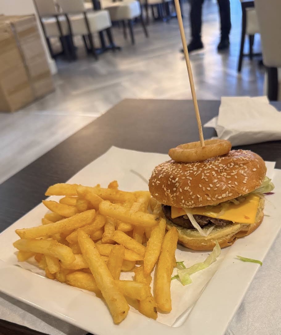 Gourmet Burger with cheese and fries